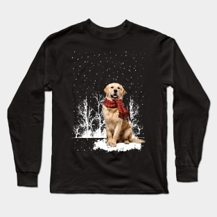 Christmas Golden Retriever With Scarf In Winter Forest Long Sleeve T-Shirt